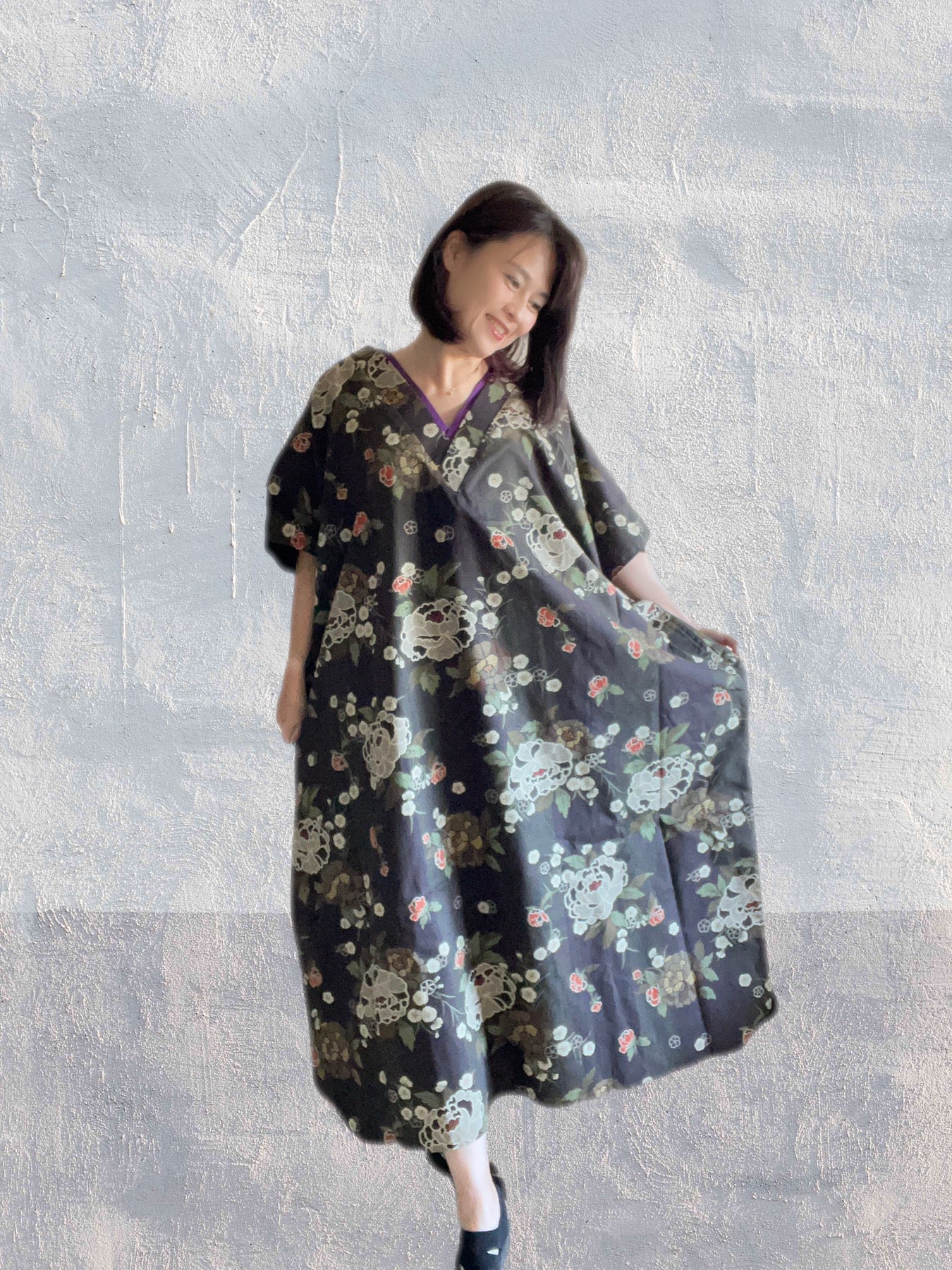 Hikari no Mai - Dark Brown Peony Pattern Kimono Dress