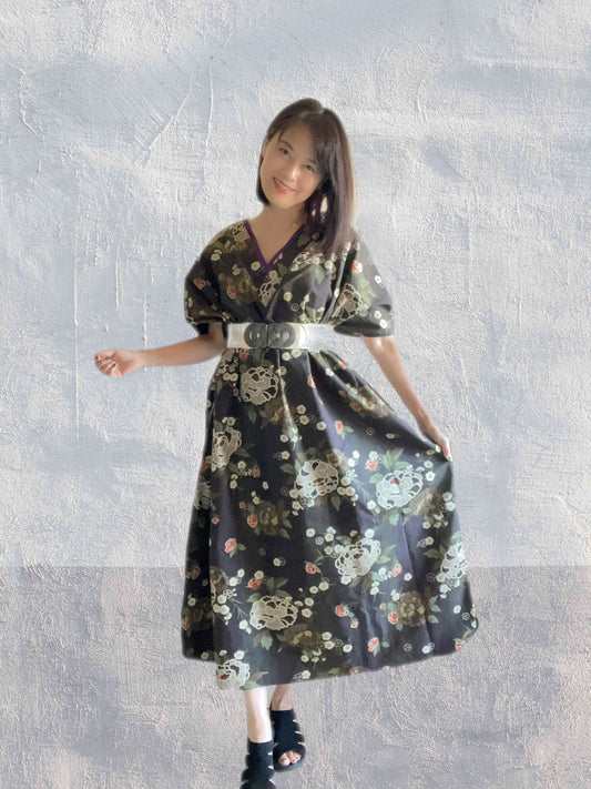 Hikari no Mai - Dark Brown Peony Pattern Kimono Dress