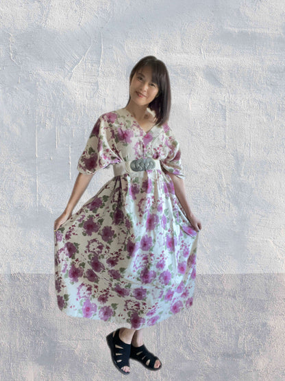 Hikari no Mai - Ivory White & Reddish-Purple Floral Kimono Dress